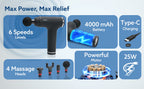 Massager Gun 4 Heads, 6 Speed, Rechargeable, Handheld, Percussion Muscle Massager for Full Body Relief, Muscle Relaxation of Neck, Shoulder, Back, Foot for Men & Women, Black.