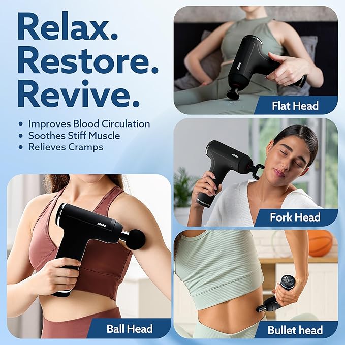 Massager Gun 4 Heads, 6 Speed, Rechargeable, Handheld, Percussion Muscle Massager for Full Body Relief, Muscle Relaxation of Neck, Shoulder, Back, Foot for Men & Women, Black.