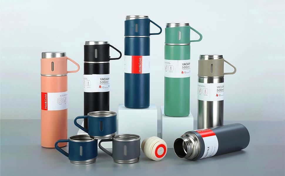 Velocious® Stainless Steel Thermo 500ml/16.9oz Vacuum Insulated Bottle with 3 Cup for Coffee Hot Drink and Cold Drink Water Flask